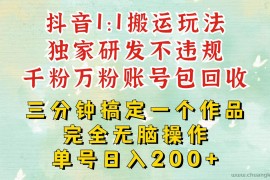 抖音1：1搬运独创顶级玩法！三分钟一条作品！单号每天稳定200+收益，千粉万粉包回收